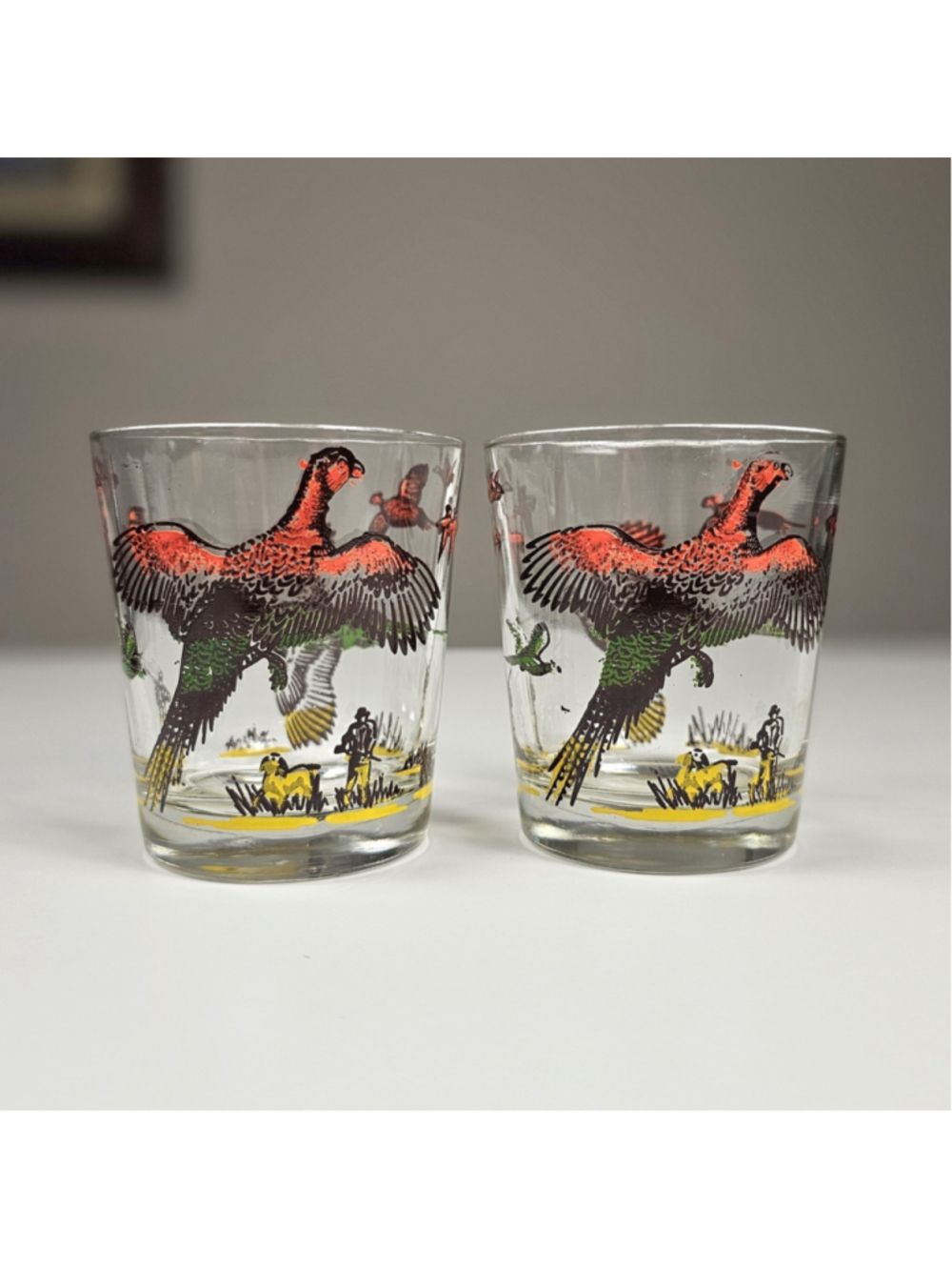Vintage Hazel Atlas Pheasant Lowball Glasses Set of 2 MCM Whiskey Tumblers 8oz